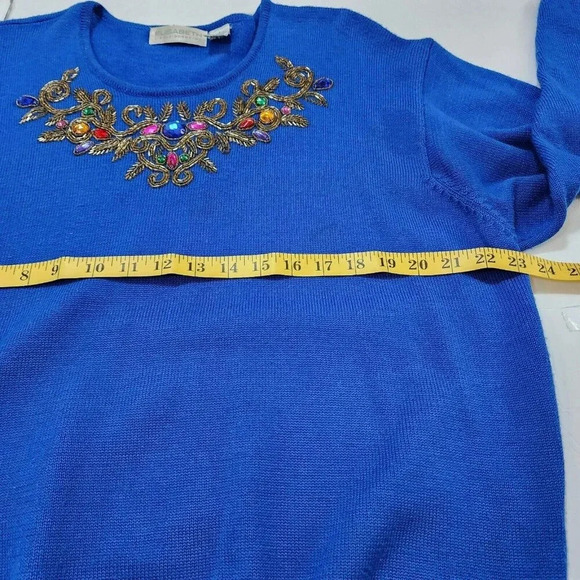 Vintage Liz Claiborne Sweater Beaded Blue Size 1 Wool Blend Crewneck Longsleeve - Picture 3 of 11